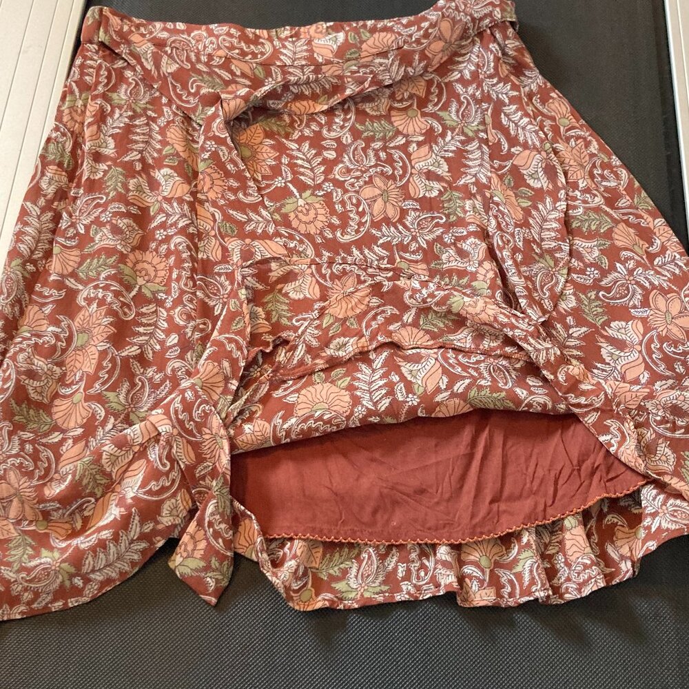 Anthropologie Luca Mini Faux Wrap Skirt w/ Tie Brown Floral Print Size M - Picture 7 of 15